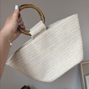 Cream Woven Tote Bag with Bamboo Handle Kendall Kylie